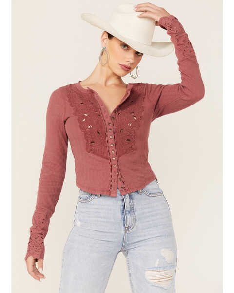 Free People Women's Long Sleeve Rouge-Colored Floral Embroidered Button Down Shirt, Red, hi-res