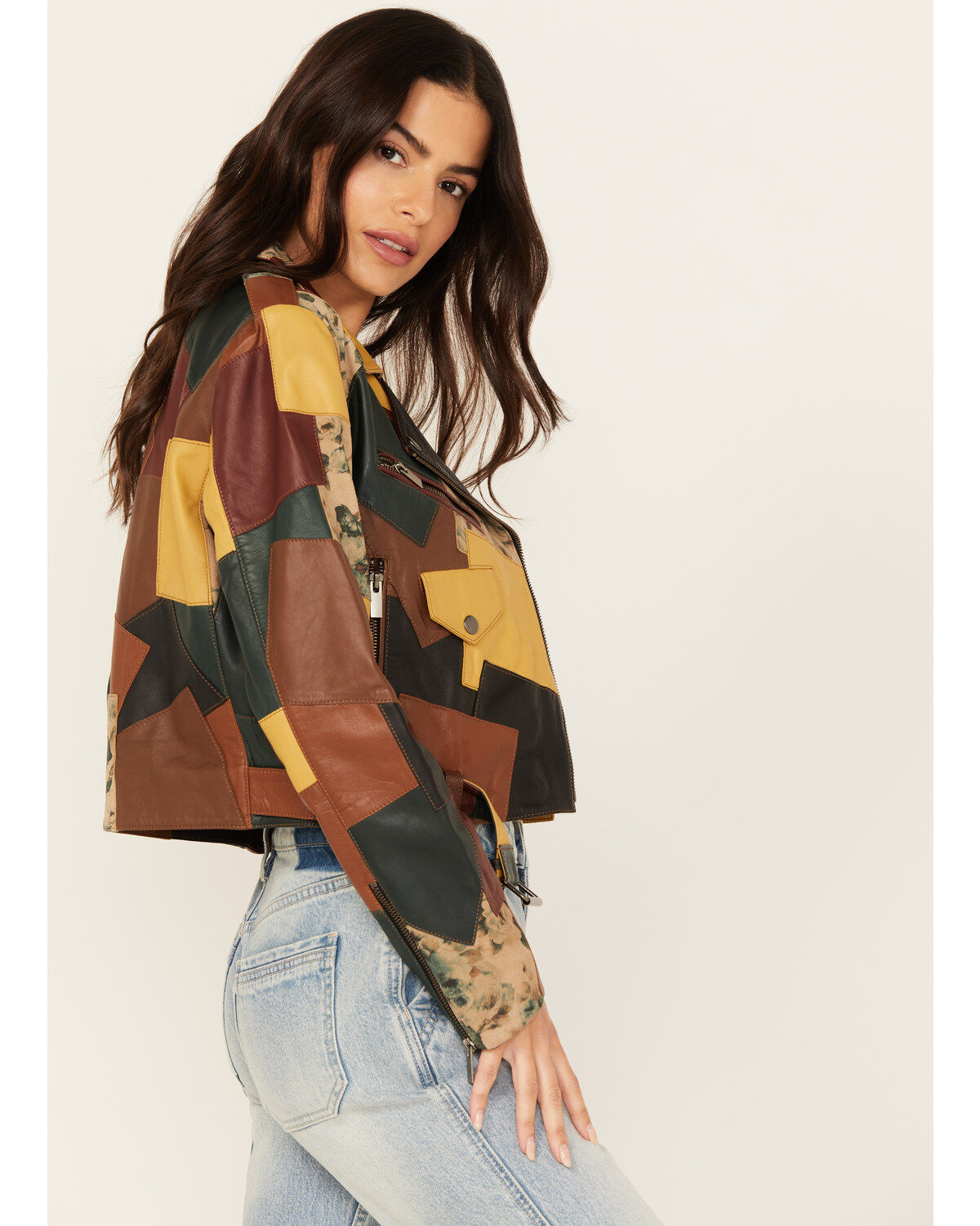 Image #3 - Cleo + Wolf Women's Patchwork Leather Jacket, Chocolate, hi-res