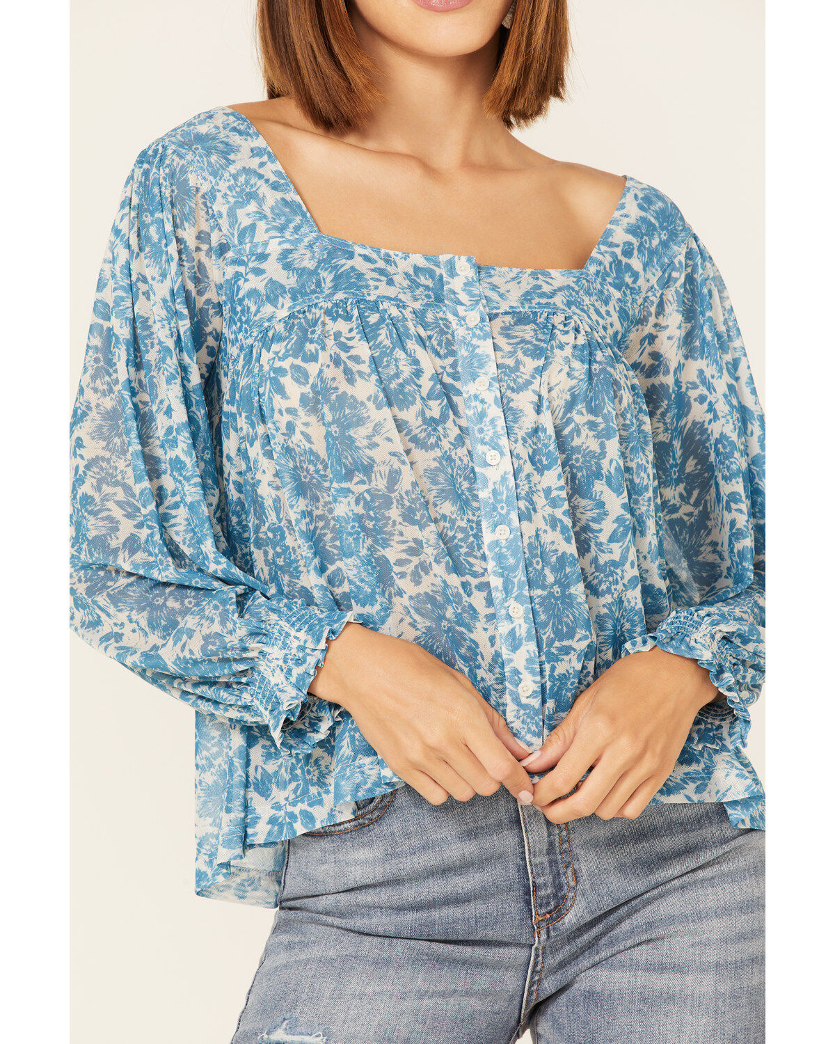 Image #3 - Beyond The Radar Women's Floral Print Long Sleeve Mesh Top, Blue, hi-res