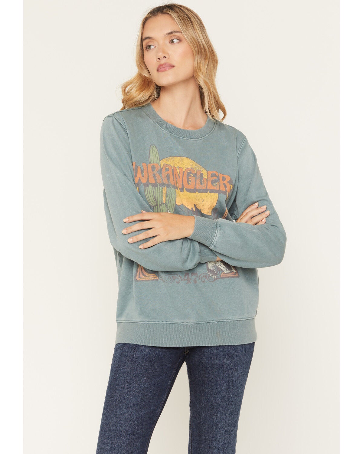 Wrangler Women's Desert Graphic Crew Neck Sweatshirt, Teal, hi-res