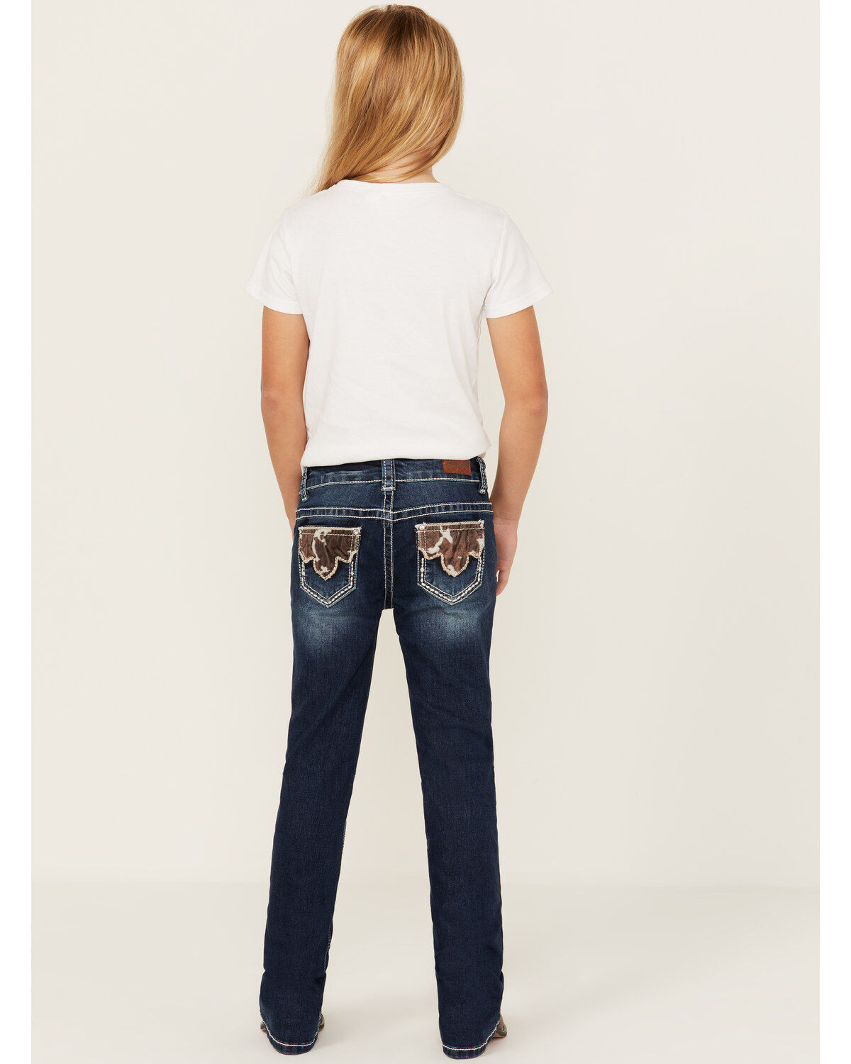 Image #3 - Shyanne Girls' Medium Wash Cowhide Patch Pocket Stretch Bootcut Jeans, Blue, hi-res