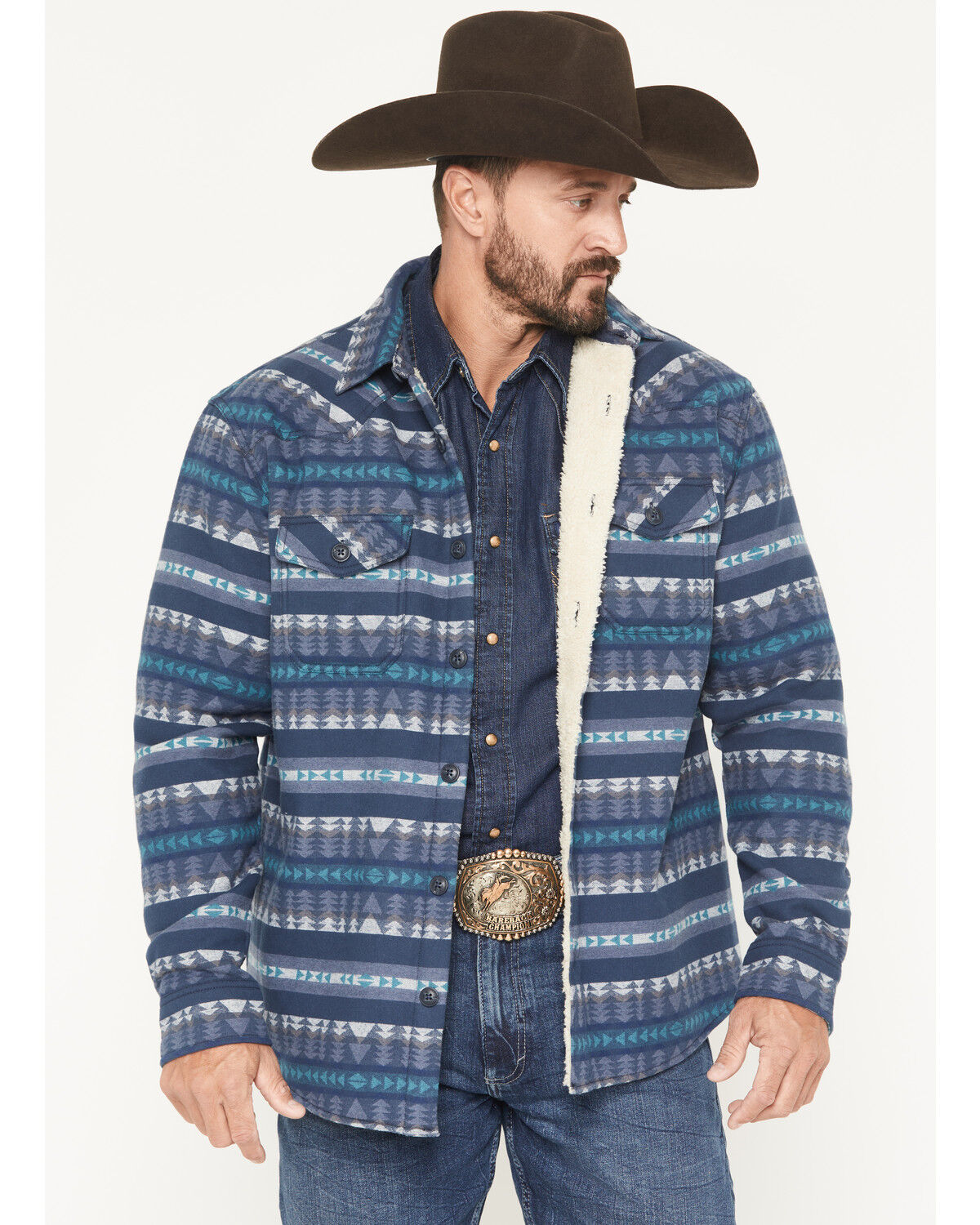 Image #1 - Cody James Men's Benton Sherpa Lined Southwestern Print Flannel Shirt Jacket, Blue, hi-res