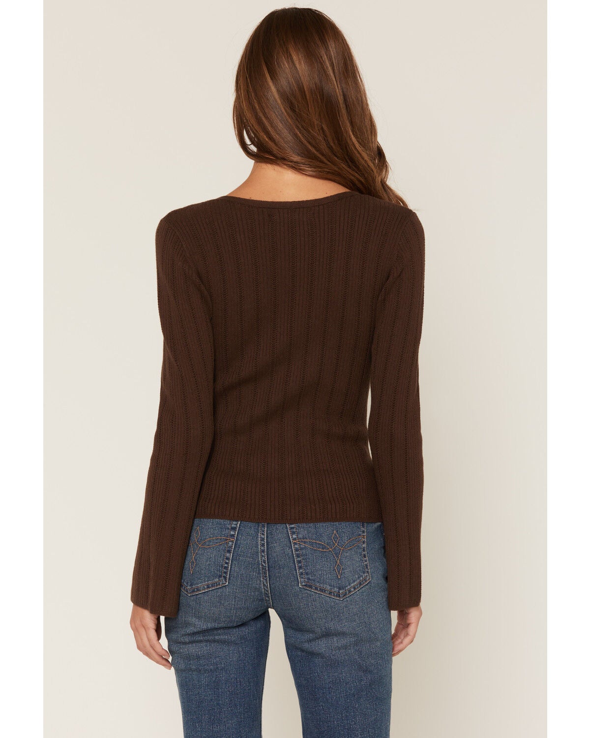 Image #4 - Shyanne Women's Stinner Open V-Neck Sweater, Dark Brown, hi-res