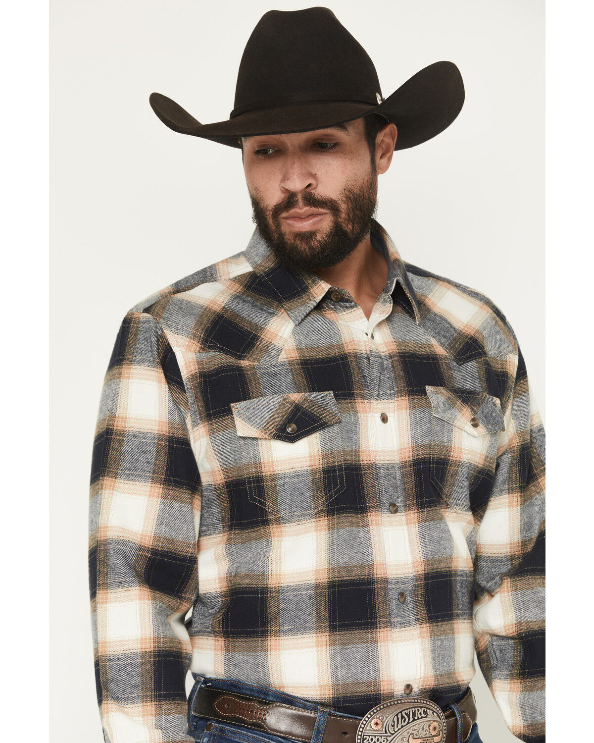 Image #2 - Cody James Men's Bull Rider Plaid Print Long Sleeve Snap Flannel Shirt, Tan, hi-res