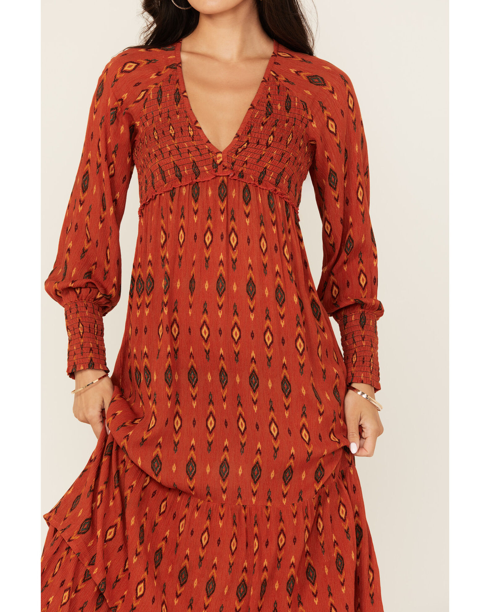 Image #3 - Panhandle Women's Southwestern Print Long Sleeve Midi Dress, Rust Copper, hi-res