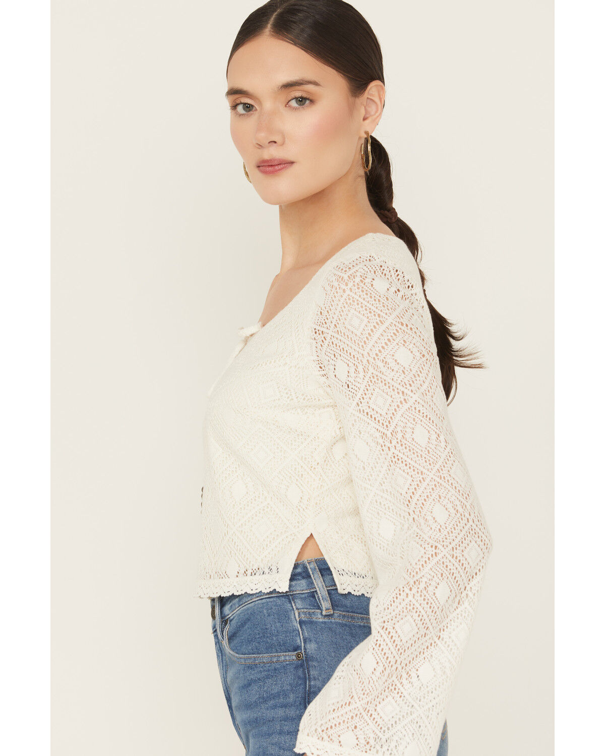 Image #2 - Idyllwind Women's Lacey Scoop Neck Bell Sleeve Crochet Top, Ivory, hi-res