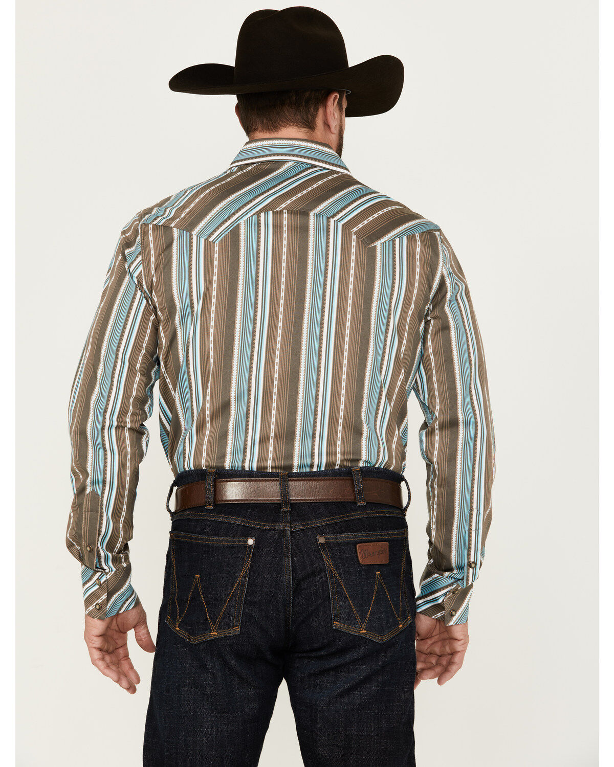 Image #4 - Rock & Roll Denim Men's Serape Striped Print Long Sleeve Pearl Snap Western Shirt, Brown, hi-res