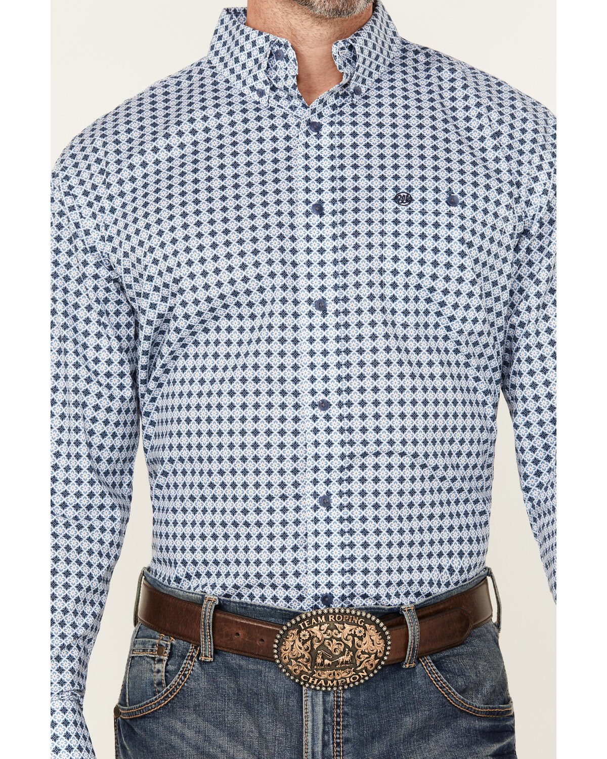 Image #2 - Wrangler Men's Geo Print Long Sleeve Button-Down Stretch Western Shirt, Blue, hi-res
