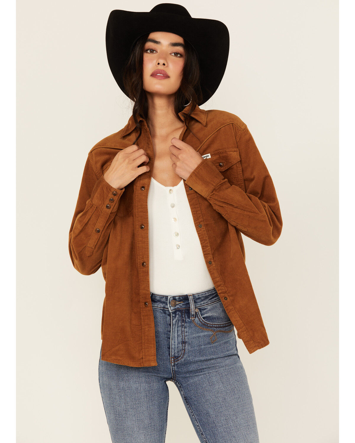 Wrangler Women's Solid Corduroy Long Sleeve Snap Western Shirt, Brown, hi-res