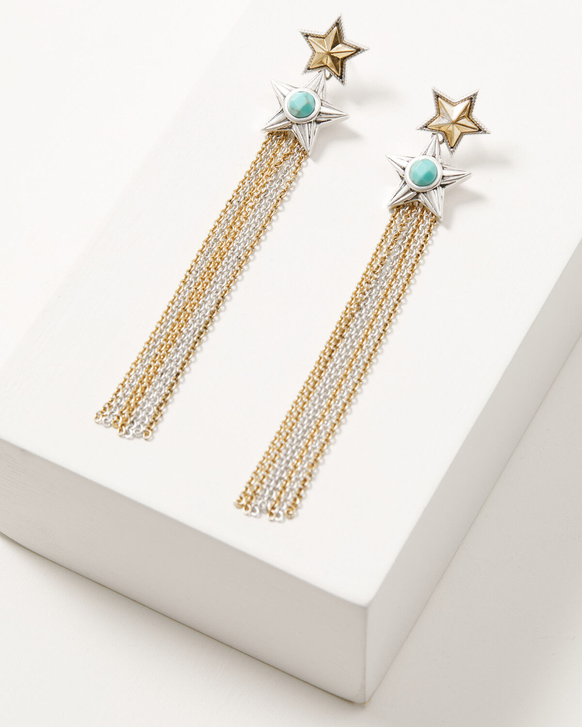 Image #1 - Lainey Wilson Women's Bell Bottom Star Chain Fringe Earrings, Silver, hi-res