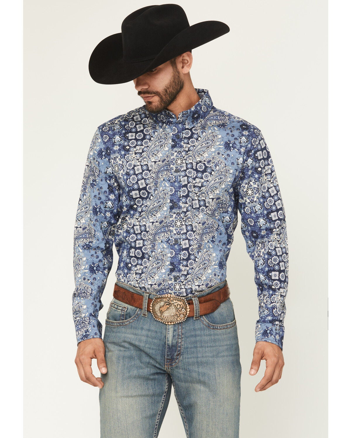 Cody James Men's Ride 'Em Cowboy Paisley Print Long Sleeve Button-Down Stretch Western Shirt, Blue, hi-res