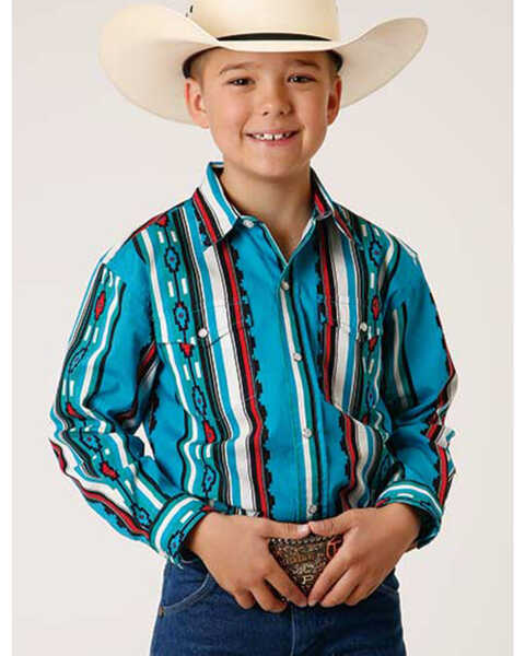 Roper Boys' Vintage Southwestern Serape Stripe Long Sleeve Snap Western Shirt , Turquoise, hi-res