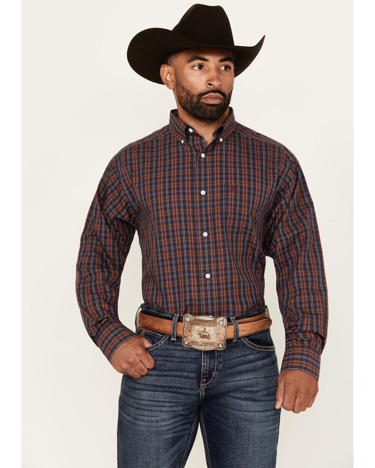 Ariat Men's Iker Plaid Print Long Sleeve Button-Down Western Shirt, Navy, hi-res