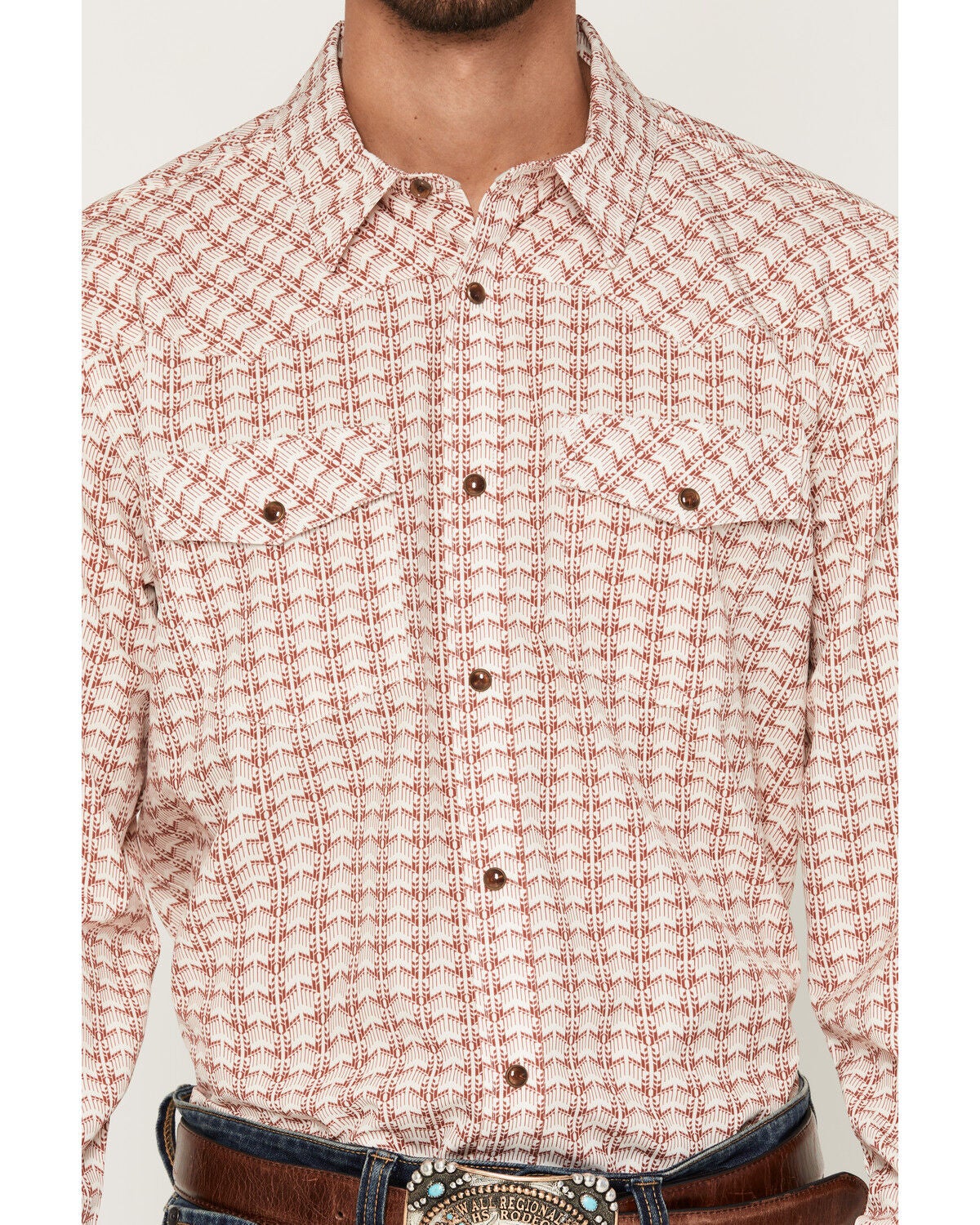 Image #3 - RANK 45&reg; Men's Harvest Chevron Geo Print Rodeo Tech 2.0 Long Sleeve Snap Stretch Western Shirt, Burgundy, hi-res