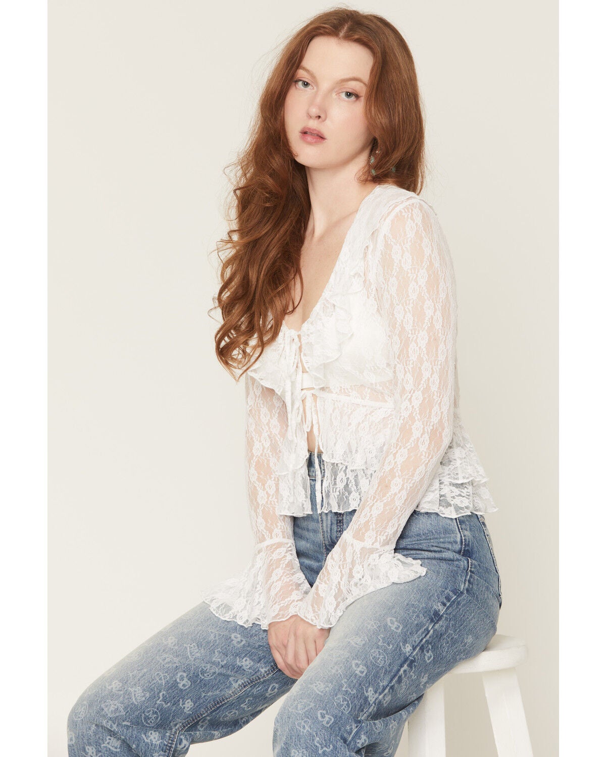 Ash & Violet Women's Lace Tie-Front Long Sleeve Top, White, hi-res