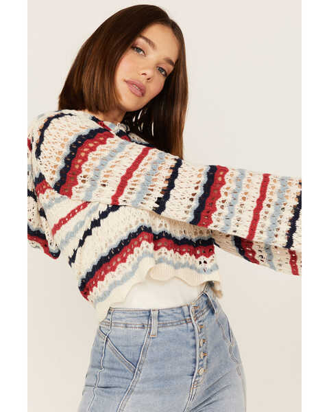 Panhandle Women's Americana Stripe Crochet Knit Hooded Sweater, Red/white/blue, hi-res