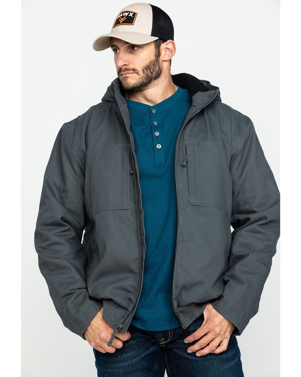 Image #1 - Hawx Men's Shadow Grey Canvas Quilted Bi-Swing Hooded Zip Front Jacket - Tall, , hi-res