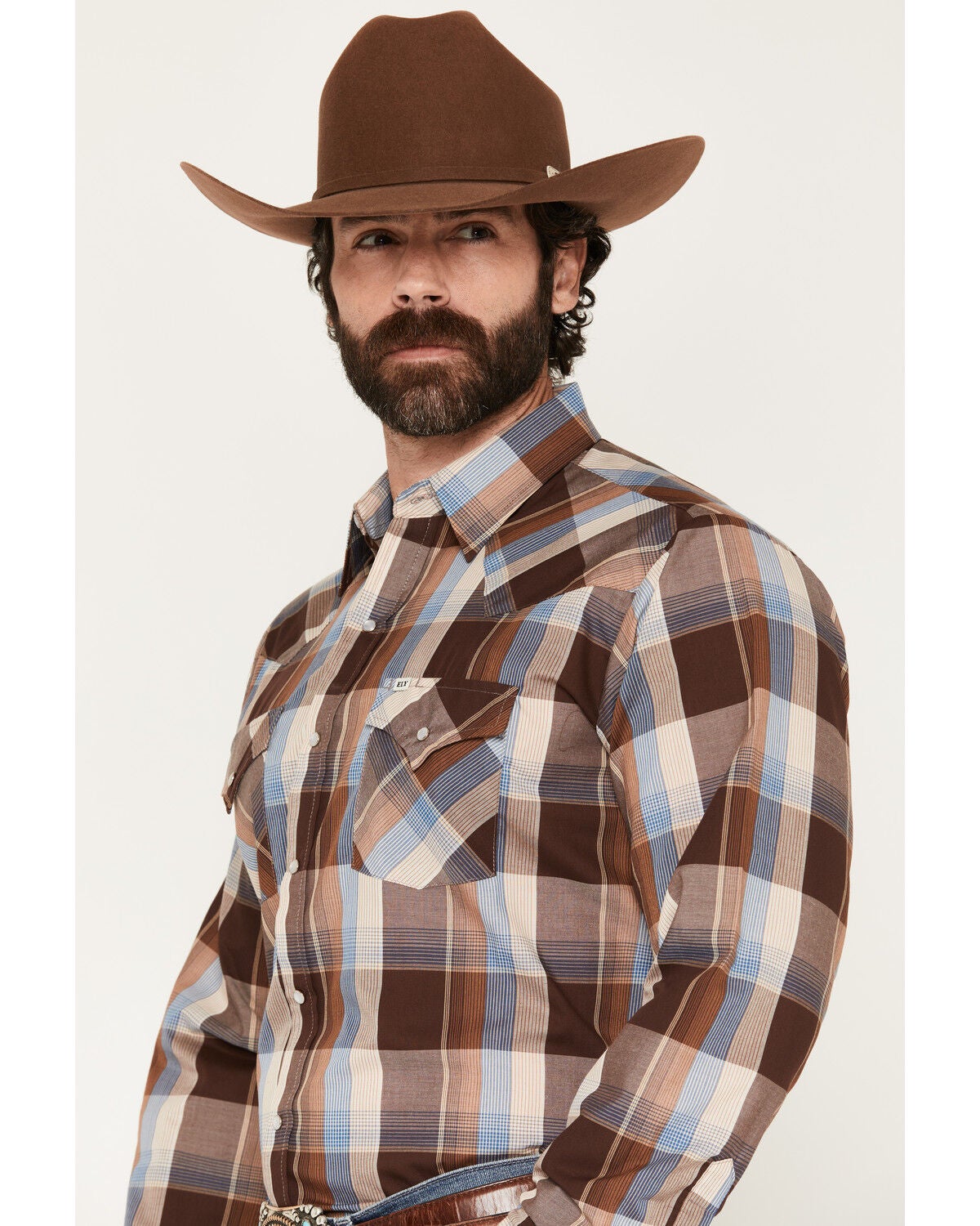 Image #2 - Ely Walker Men's Plaid Print Long Sleeve Pearl Snap Western Shirt, Chocolate, hi-res