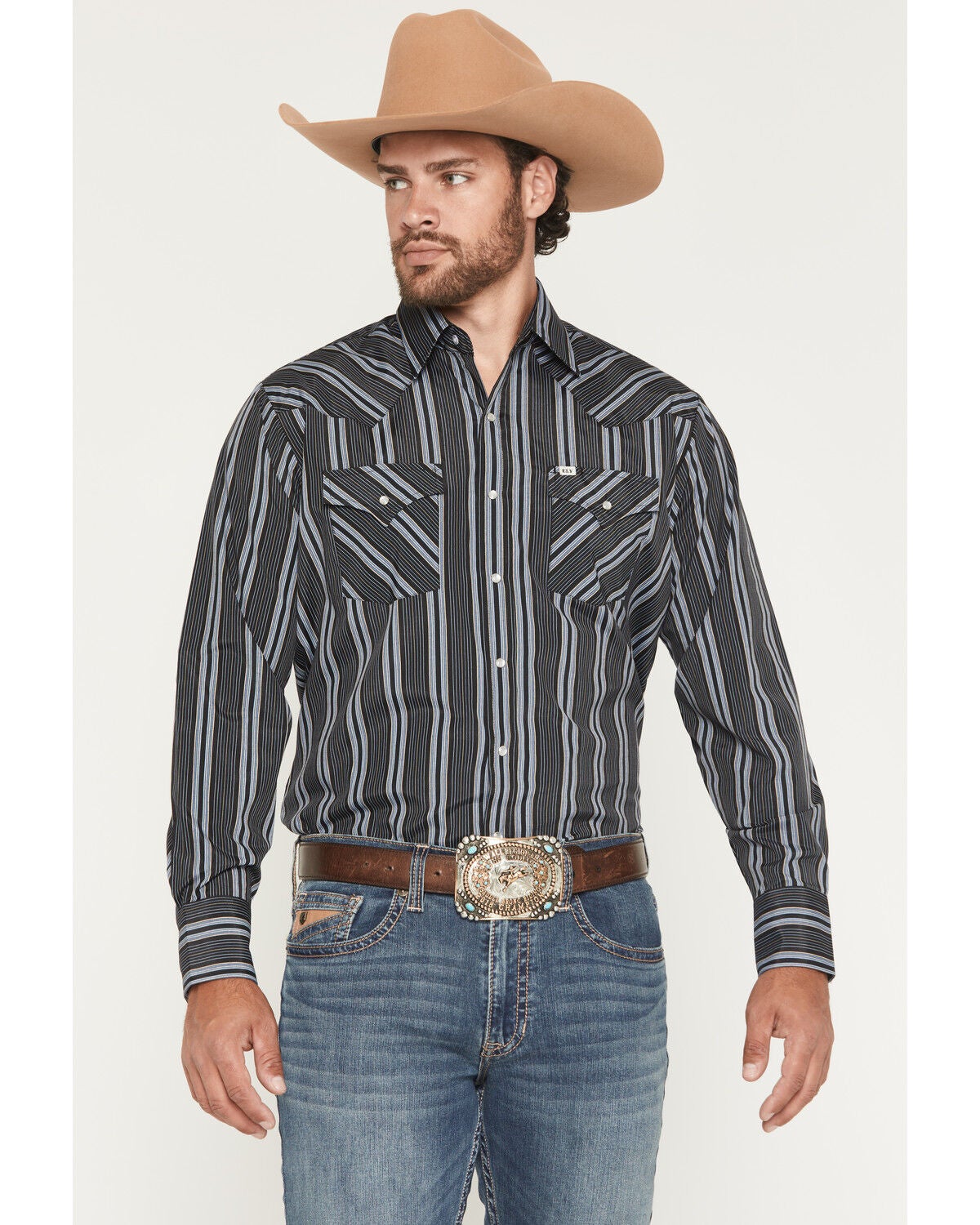 Ely Walker Men's Stripe Print Long Sleeve Snap Western Shirt, Black, hi-res