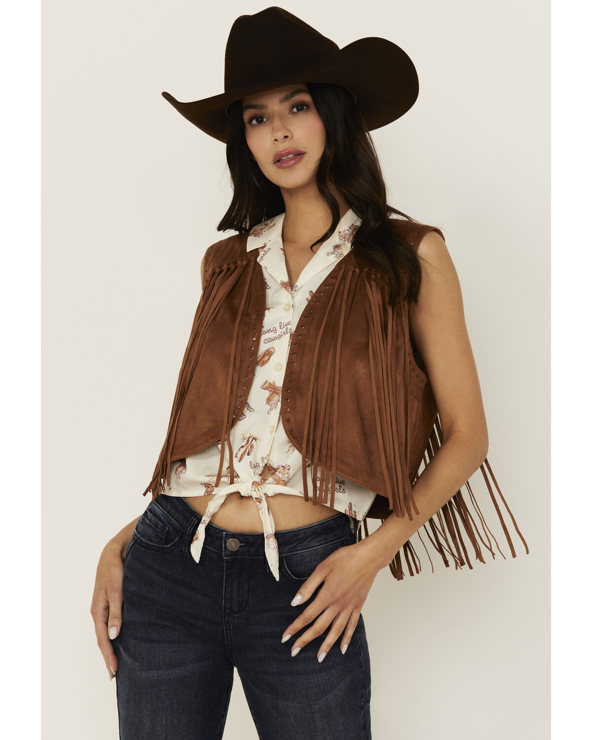Image #1 - Shyanne Women's Faux Suede Fringe Cropped Vest, Caramel, hi-res