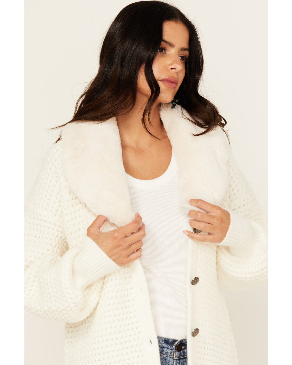 Image #3 - Shyanne Women's Chunky Fit Fur Trim Cardigan Sweater, Off White, hi-res