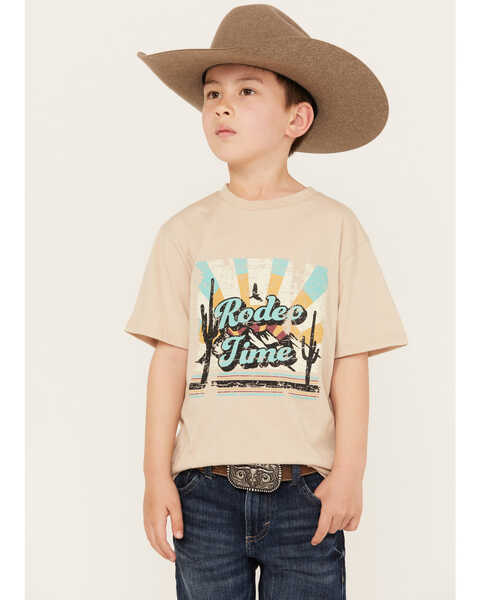 Rock & Roll Denim Boys' Rodeo Time Dale Brisby Short Sleeve Graphic T-Shirt, Taupe, hi-res