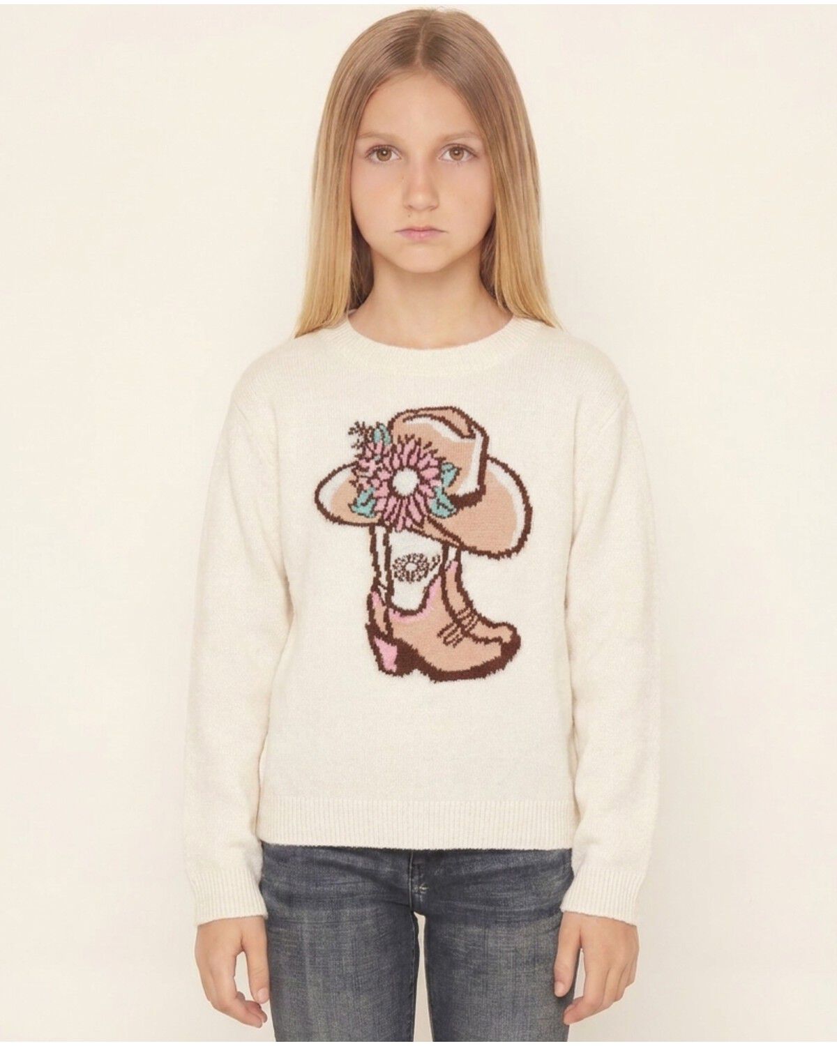 Image #1 - Sugar California Girls' Cowgirl Boot Sweater, Ivory, hi-res