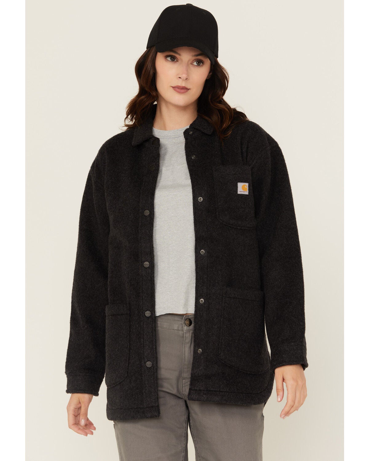 Carhartt Women's Loose Fit Fleece Shacket, Black, hi-res