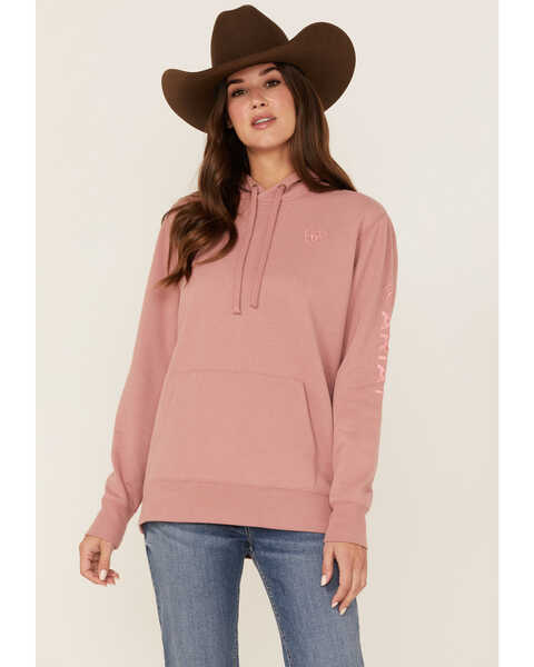 Ariat Women's R.E.A.L Embroidered Logo Pullover Sweatshirt Hoodie, Rose, hi-res