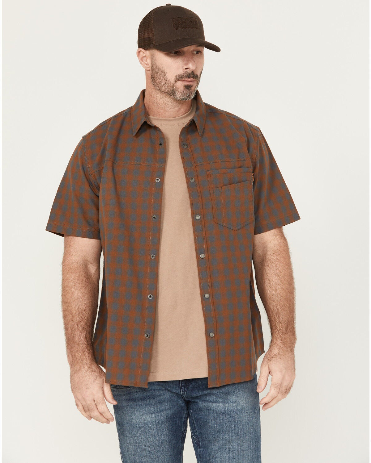 Hawx Men's Tanaka Plaid Print Short Sleeve Button-Down Shirt, Rust Copper, hi-res