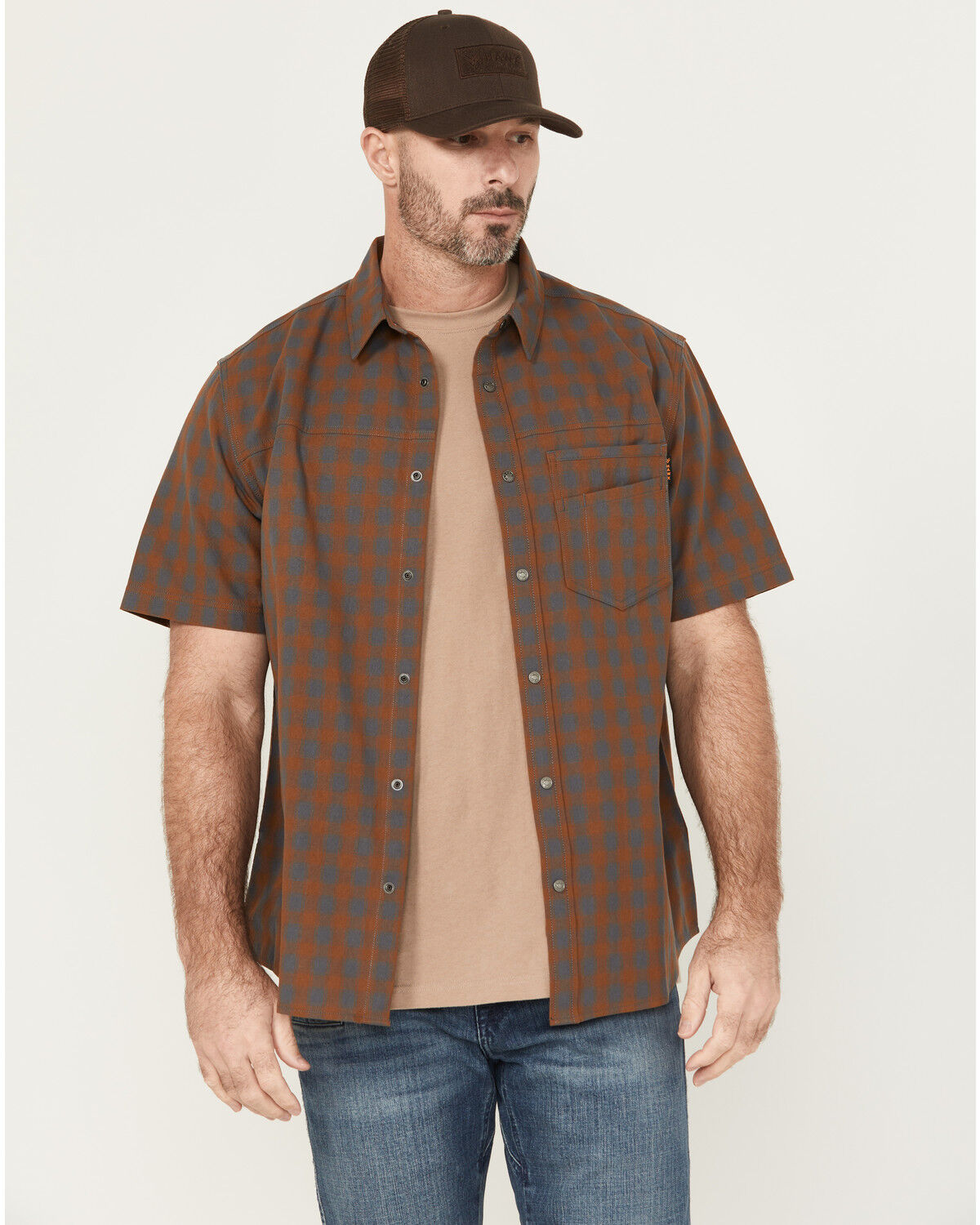 Image #1 - Hawx Men's Tanaka Plaid Print Short Sleeve Button-Down Shirt, Rust Copper, hi-res