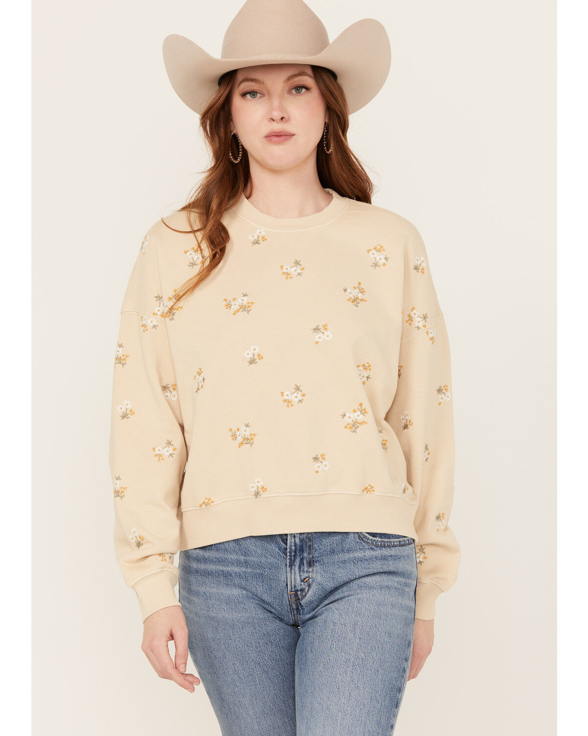 Image #1 - Driftwood Women's Ditsy Flower Embroidered Sweatshirt, Cream, hi-res