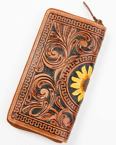 Shyanne Women's Sunflower Tooled Leather Wallet, Brown, hi-res