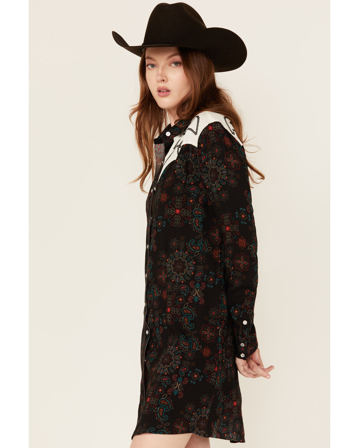 Image #2 - Panhandle Women's Floral Print Embroidered Long Sleeve Snap Western Mini Dress, Black, hi-res