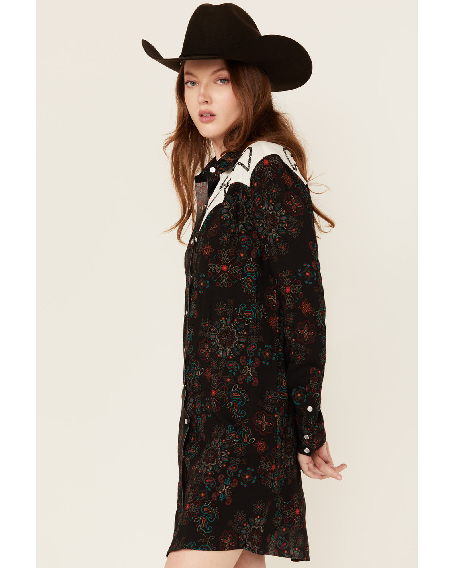 Image #2 - Panhandle Women's Floral Print Embroidered Long Sleeve Snap Western Mini Dress, Black, hi-res
