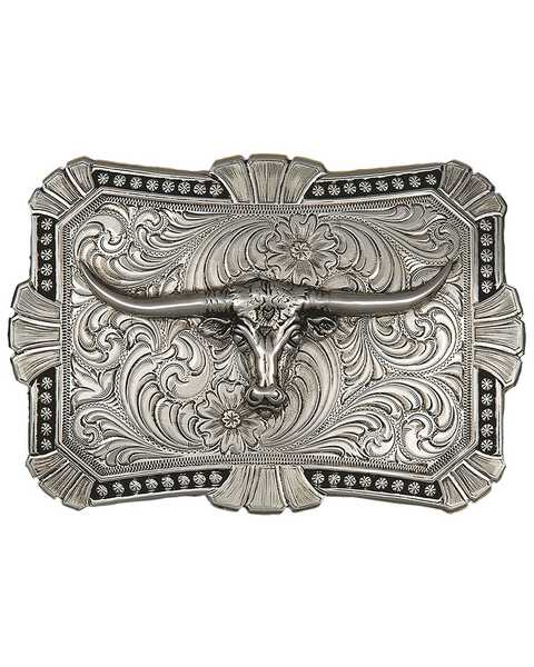 Montana Silversmiths Engraved Longhorn Buckle, Silver, hi-res