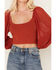 Beyond The Radar Women's Long Puff Sleeve Corset Blouse, Rust Copper, hi-res