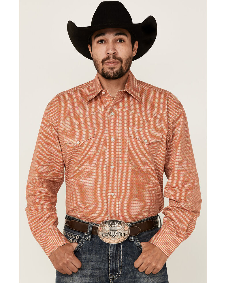 Stetson Men's Broken Arrow Geo Print Long Sleeve Snap Western Shirt , Orange, hi-res