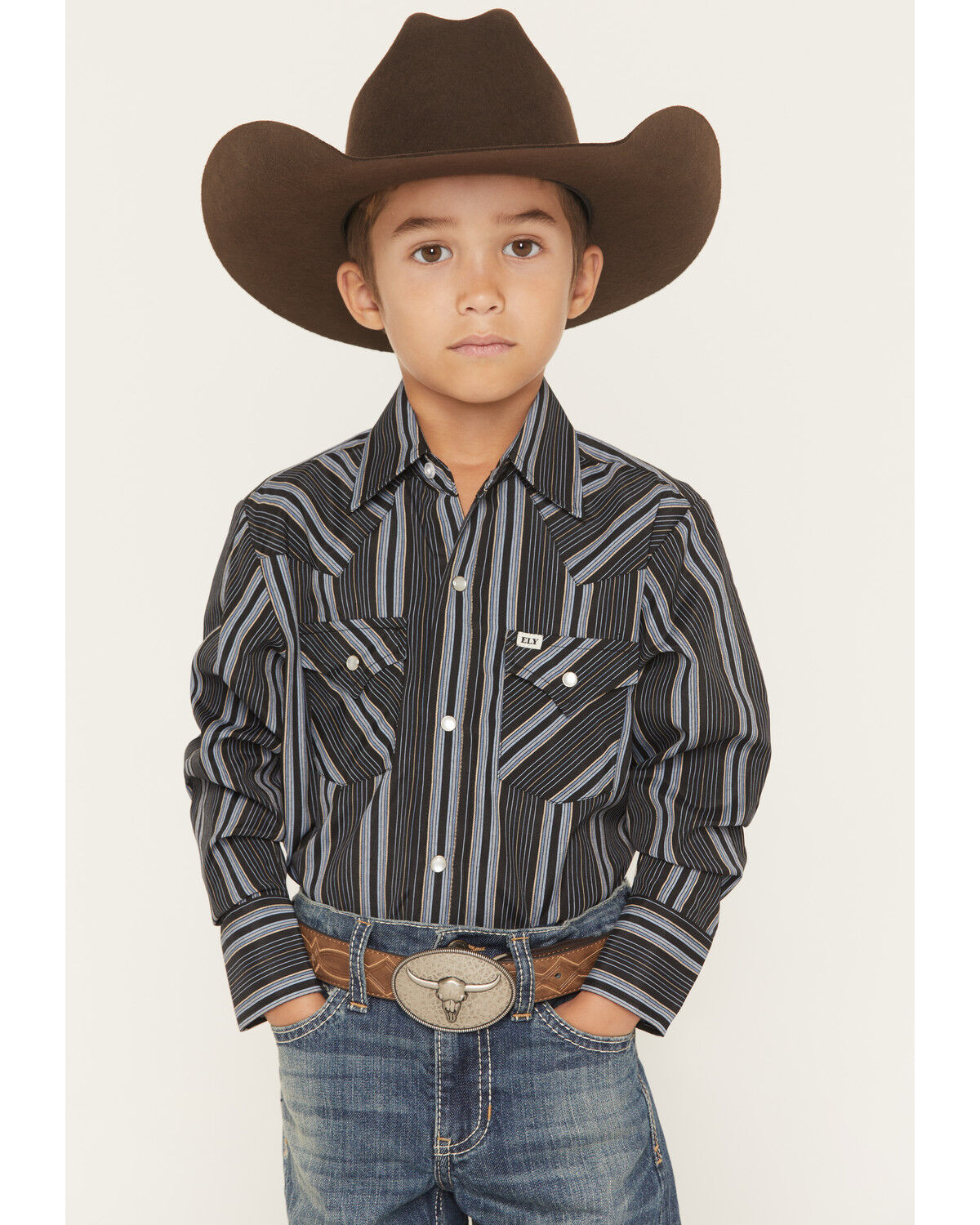 Image #1 - Ely Walker Boys' Striped Long Sleeve Pearl Snap Western Shirt, Black, hi-res