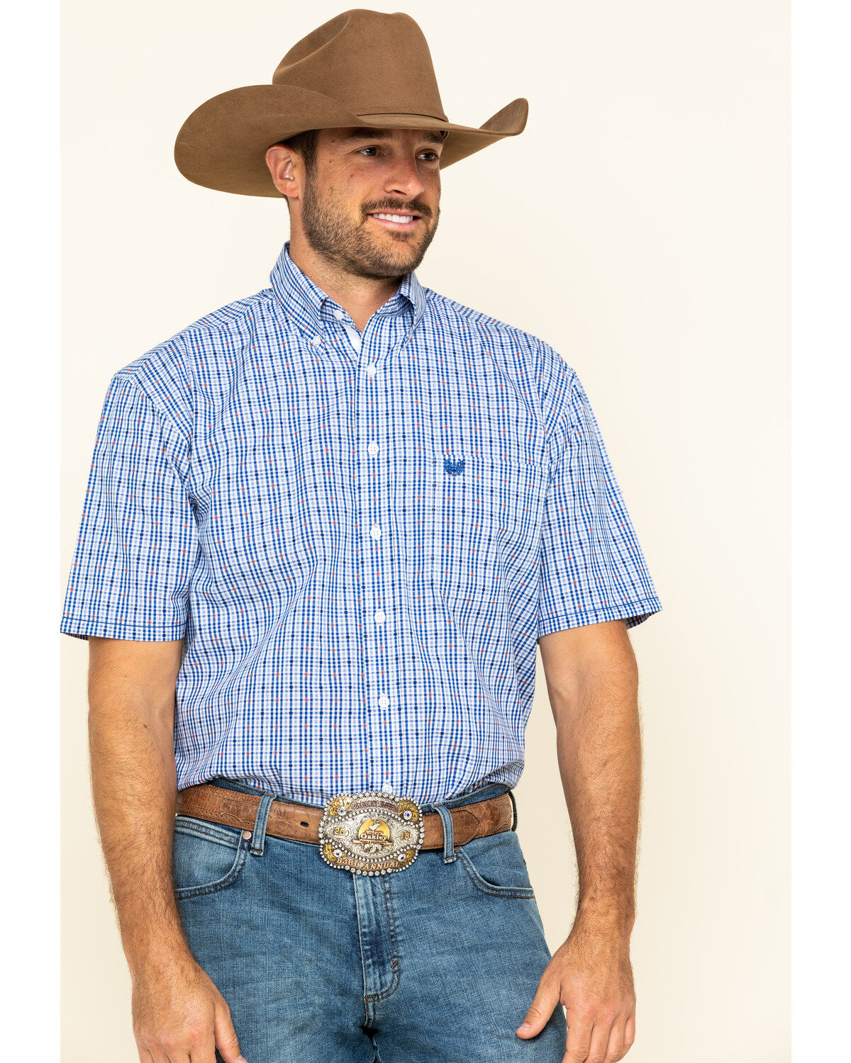 Image #1 - Rough Stock By Panhandle Men's Devlin Dobby Plaid Short Sleeve Western Shirt, , hi-res