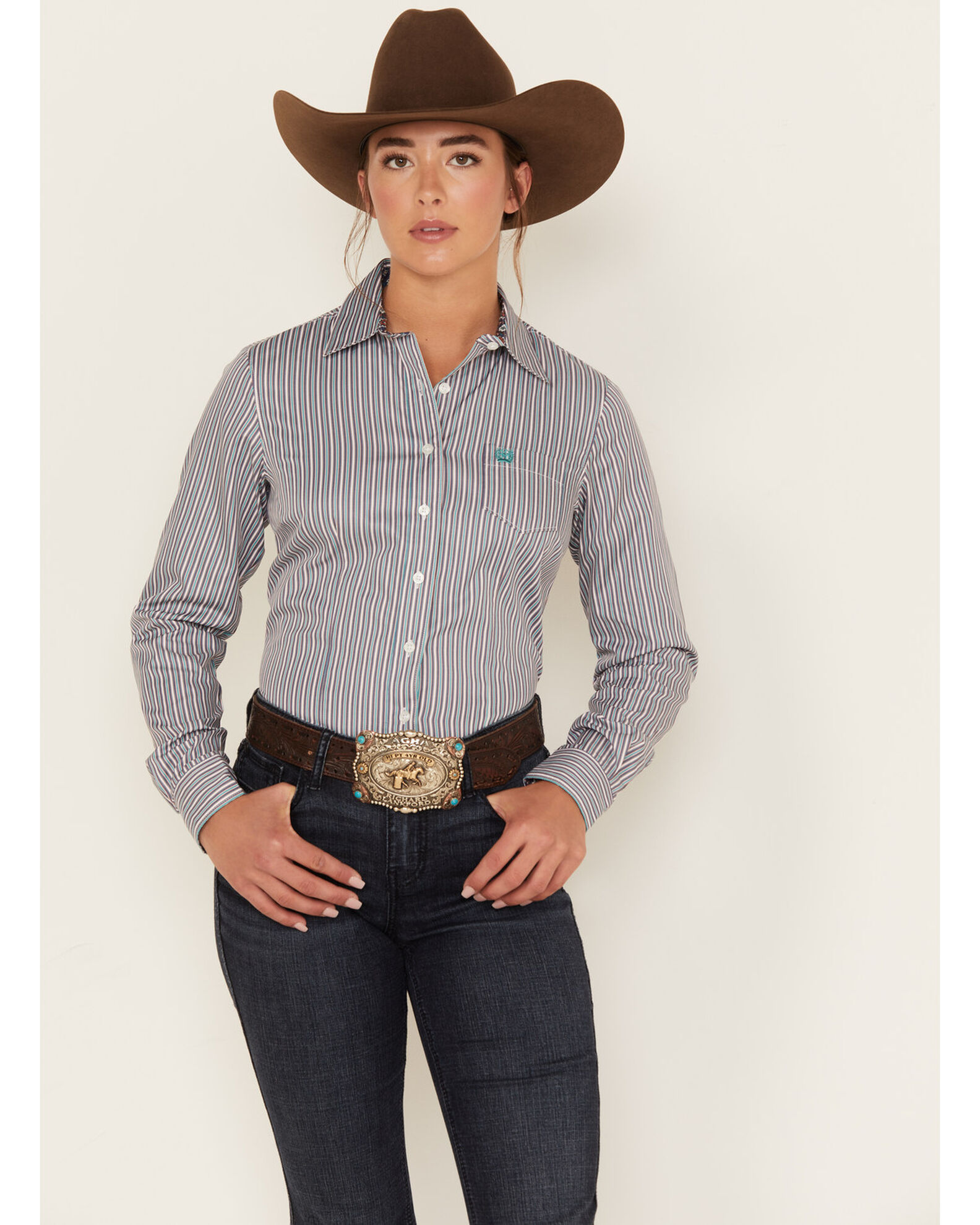 Cinch Women s Striped Geo Print Long Sleeve Button Down Shirt