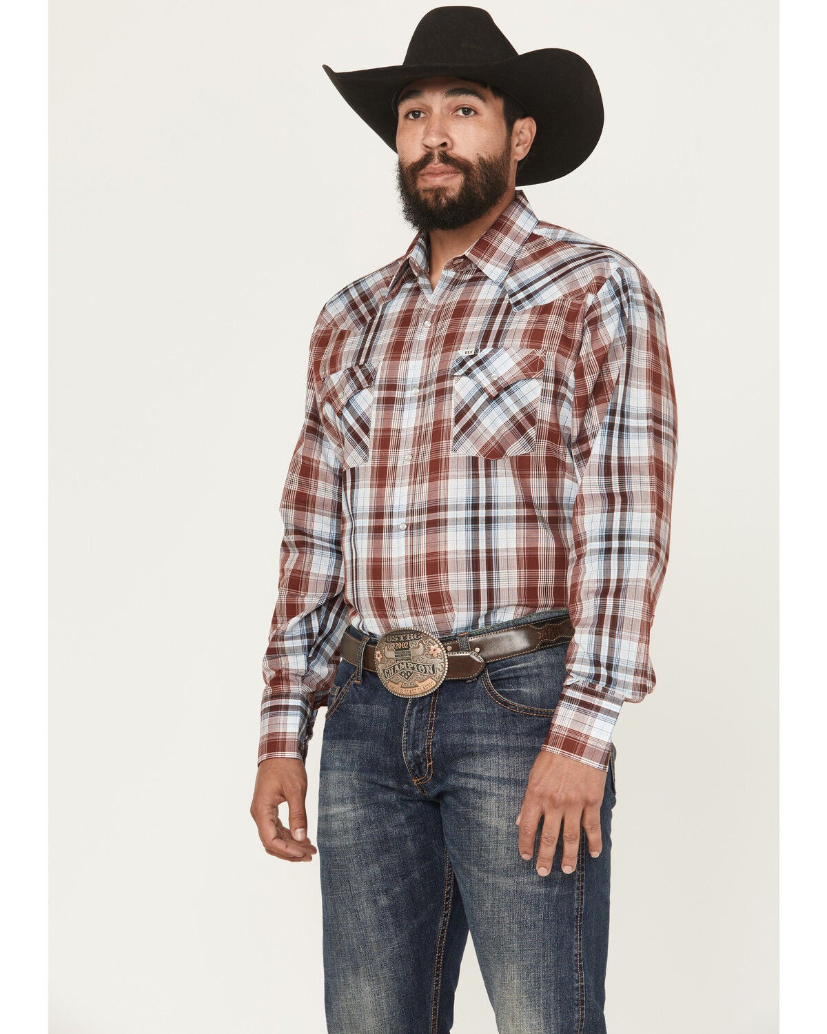 Ely Walker Men's Plaid Print Long Sleeve Pearl Snap Western Shirt, Burgundy, hi-res