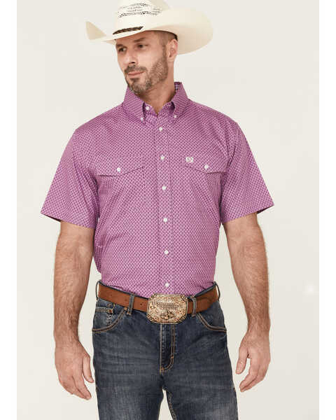 Panhandle Select Men's Geo Print Dark Orchid Short Sleeve Button-Down Western Shirt , Purple, hi-res