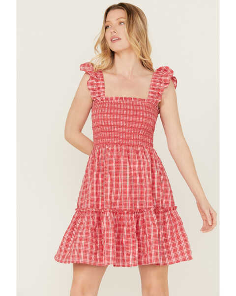 Yura Women's Smocked Checkered Mini Dress , Red, hi-res