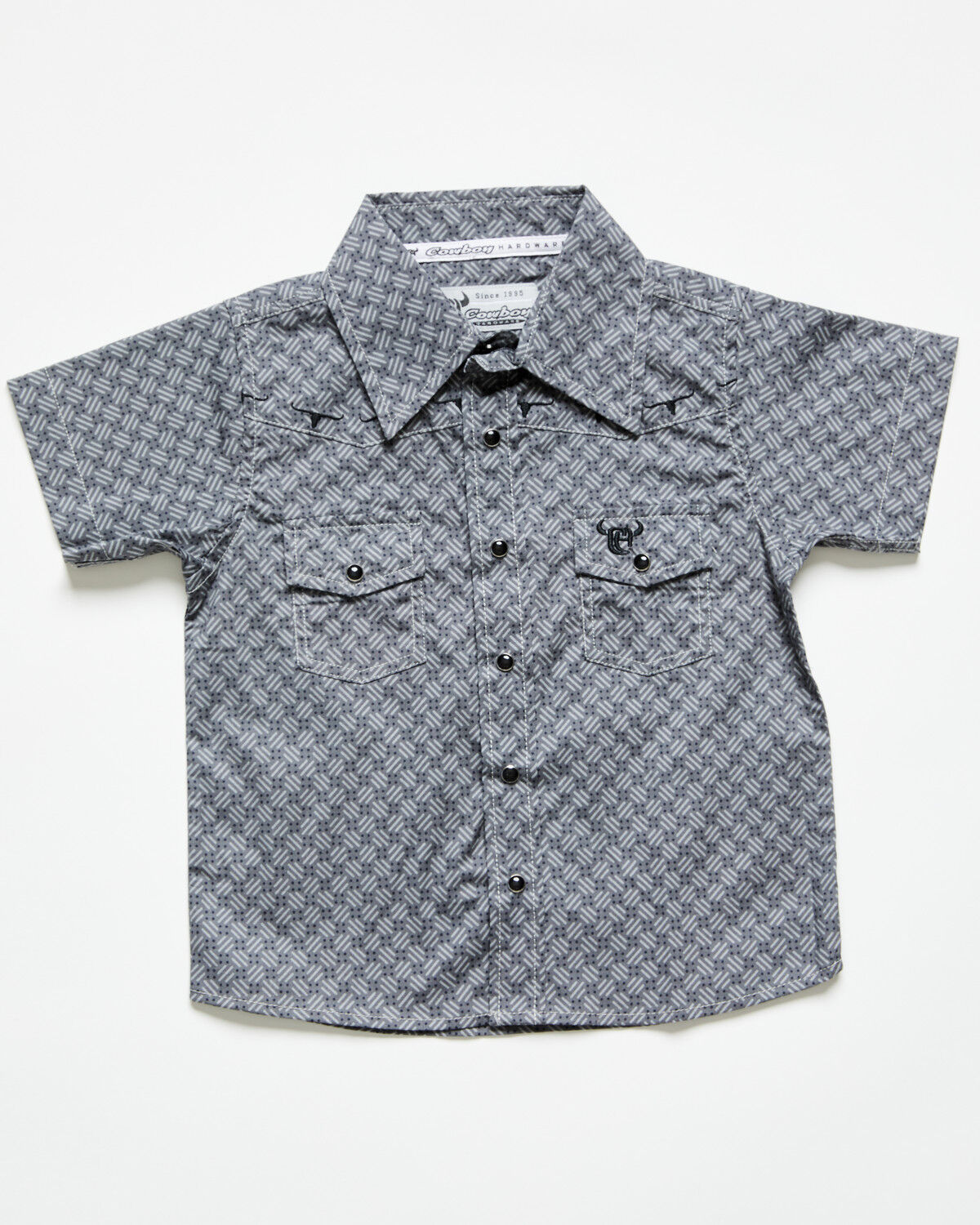 Image #1 - Cowboy Hardware Toddler Boys' Geo Print Short Sleeve Snap Stretch Western Shirt, Grey, hi-res