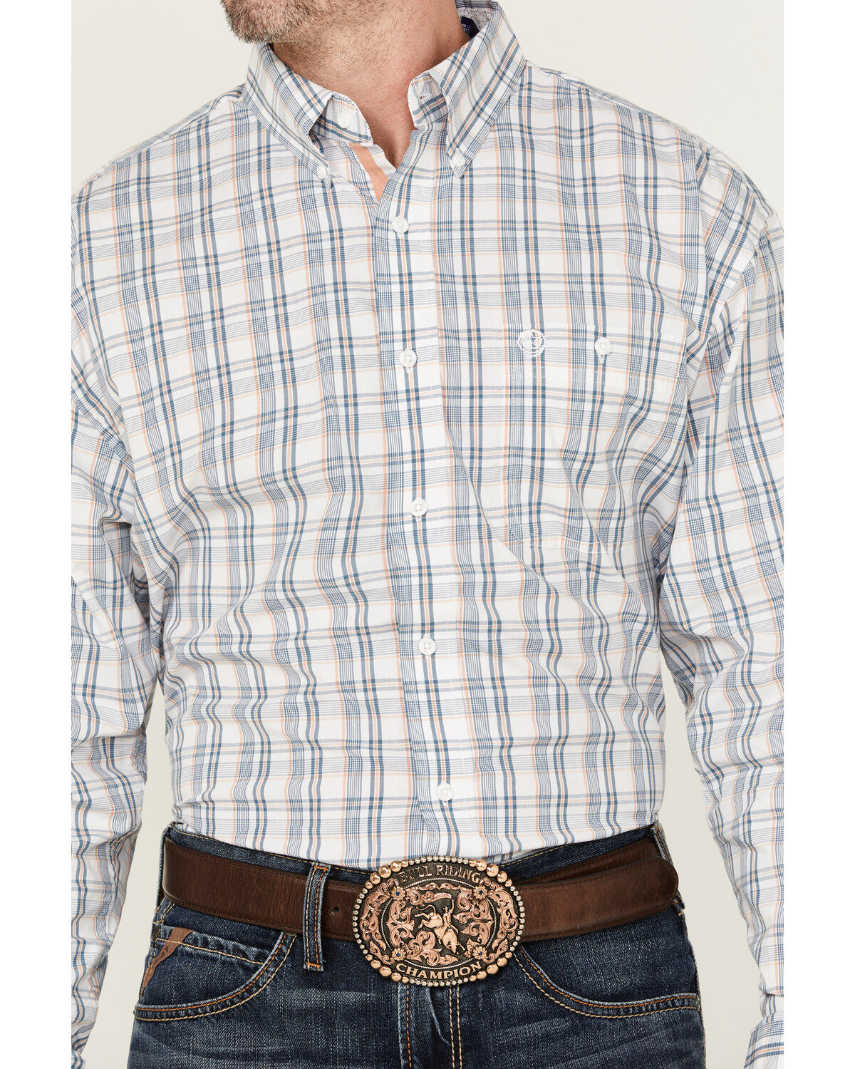 Image #3 - George Strait By Wrangler Men's Plaid Print Long Sleeve Button-Down Stretch Shirt, White, hi-res