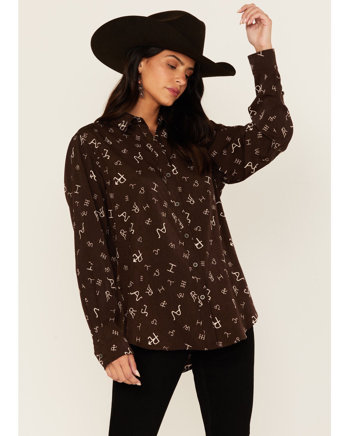 Ariat Women's Branding Print Long Sleeve Button-Down Western Shirt, Cream, hi-res