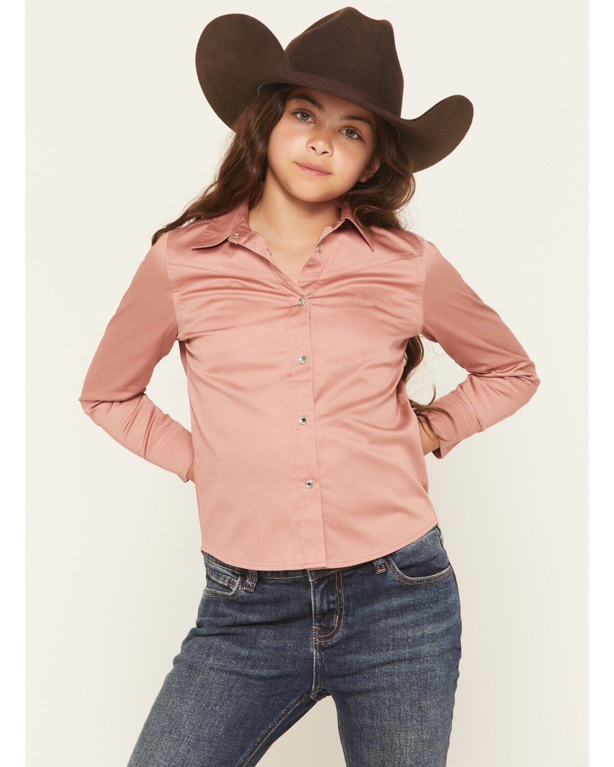 Shyanne Girls' Solid Long Sleeve Rhinestone Snap Stretch Western Shirt, Mauve, hi-res