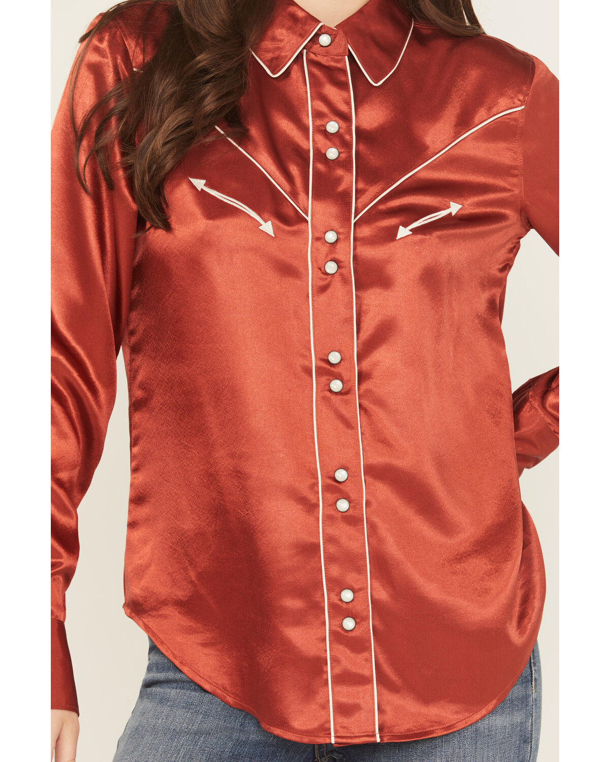 Image #3 - Cruel Girl Women's Satin Long Sleeve Snap Western Shirt, Red, hi-res