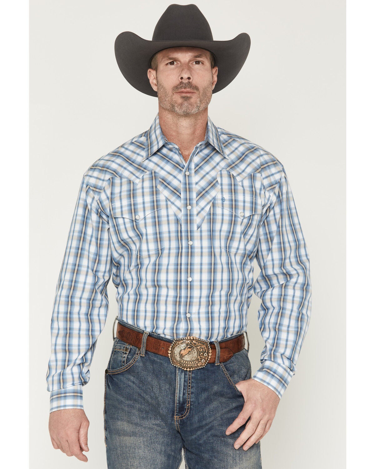 Image #1 - Stetson Men's Dobby Plaid Print Long Sleeve Snap Western Shirt, Blue, hi-res